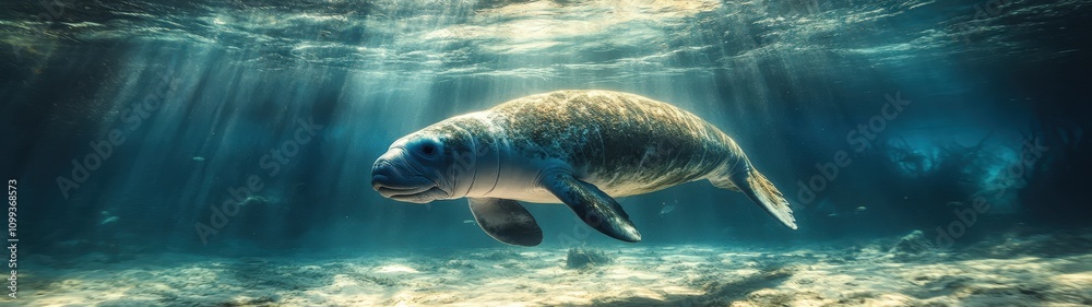 Obraz premium A serene underwater scene featuring a manatee gracefully swimming in soft, filtered light, showcasing its natural habitat.