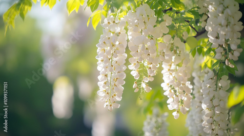 Blooming White Wisteria Flowers in Soft Summer Light