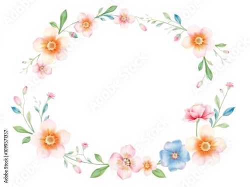 Watercolor floral frame with hand drawn flowers and leaves on white background, banner, hand drawn