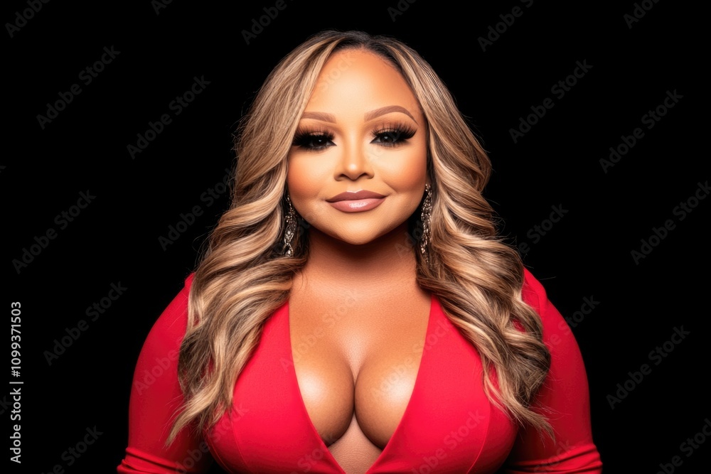 Naklejka premium Elegant adult female in red dress with long blonde hair on black background