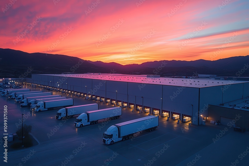 Fototapeta premium Majestic Sunset Over Modern Warehouse with Fleet of Trucks Ready for Transportation Against Vibrant Sky