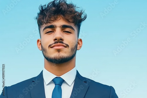 Young hispanic male in business suit against clear blue sky photo