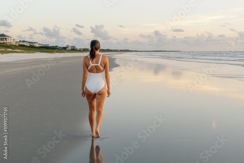 Caucasian female adult walking on serene beach at sunset