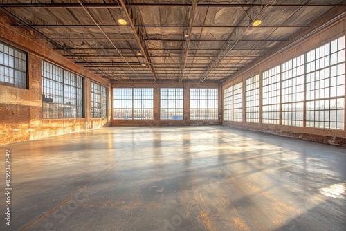 Spacious Industrial Loft with Large Windows and Exposed Brick Walls in Urban Setting