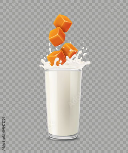 Splashing milk or yogurt in glass with caramel dessert. Pieces of toffee candy falling into milk. Flavoured caramel dessert.