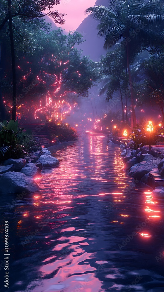 Fototapeta premium A sleek river with interactive digital currents and neon-lit riverbanks, promoting tranquil beauty 