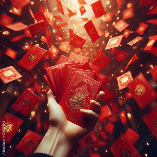 Red Envelopes Fly Red envelopes flying through the air captured