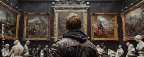 Young Man in Leather Jacket Contemplating Art in a Museum Gallery Surrounded by Classical Paintings and Sculptures photo