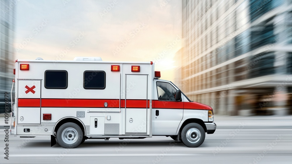 Fototapeta premium An ambulance swiftly drives through a city street, showcasing its emergency response capabilities against a backdrop of modern buildings.