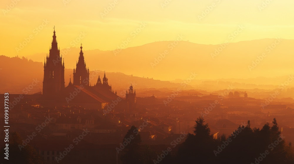 Fototapeta premium Compostela Cathedral at Hazy Sunset: Serene City Landscape View of Santiago de Compostela Tower