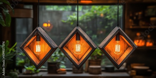 Three rustic wooden pendant lights with Edison bulbs illuminating a room.
