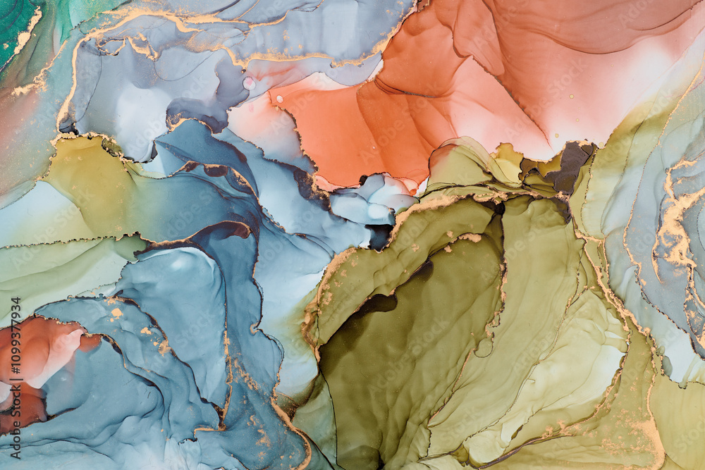 Fototapeta premium Current of translucent hues intertwine with metallic gold veins, shaping organic luxurious landscape. This fluid art, abstract liquid ink technique, light and shadow dance across free-flowing textures