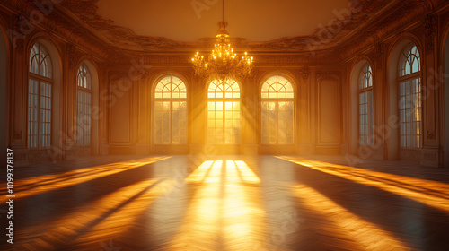 Stunning Cinematic Still of a Luxurious Empty Parisian Ballroom Captured in 1920s with Dramatic Light and Shadow Effects