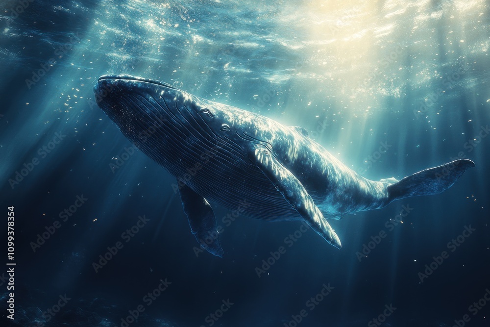 Naklejka premium A majestic humpback whale swims gracefully through the clear blue ocean water, bathed in sunlight.