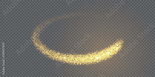 Gold dust swoosh with transparent overlay effect. Glitter circle swirl. Sparkling festive element of design. Abstract vector illustration