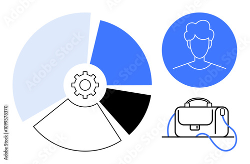 Pie chart with gear in center, user profile in blue circle, and briefcase icon. Ideal for business strategy, project management, professional profile, corporate identity, organizational tools