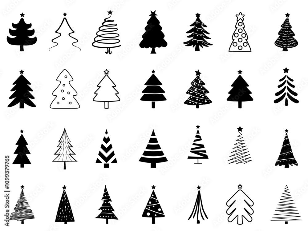 Obraz premium Black and White Christmas Tree Silhouette Vector Set with Festive Lights