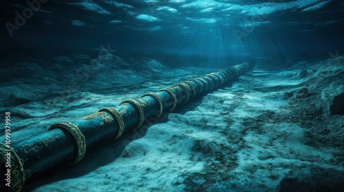 Submarine cable lying on the ocean floor under diffused sunlight.