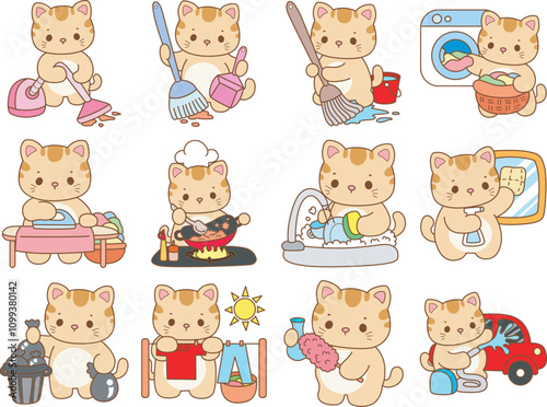 Illustration of cute kitty icon.
Funny cat in daily activities elements.
