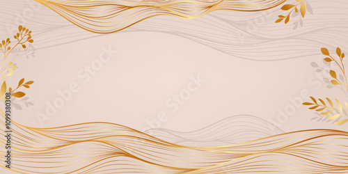 Abstract Luxury Background with Gold Line Waves and Botanical Branches. Japanese banner with golden sea waves with plants and leaves. Wedding card