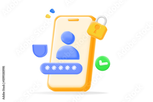 user security login for smartphone password, lock icon, and verification checkmark. cybersecurity, secure authentication, and data protection, 3d vector illustration