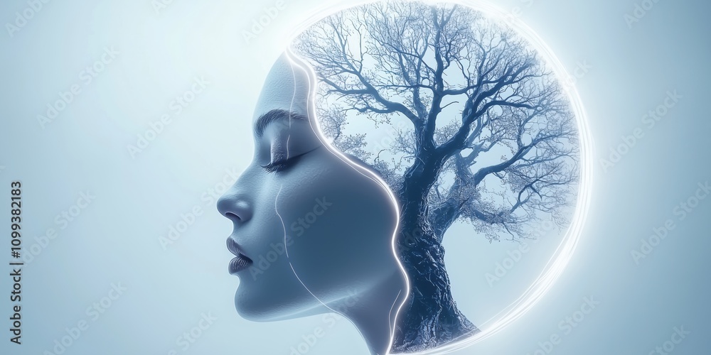Obraz premium Abstract Silhouette of Woman Blending with Tree Inside a Glowing Circle.