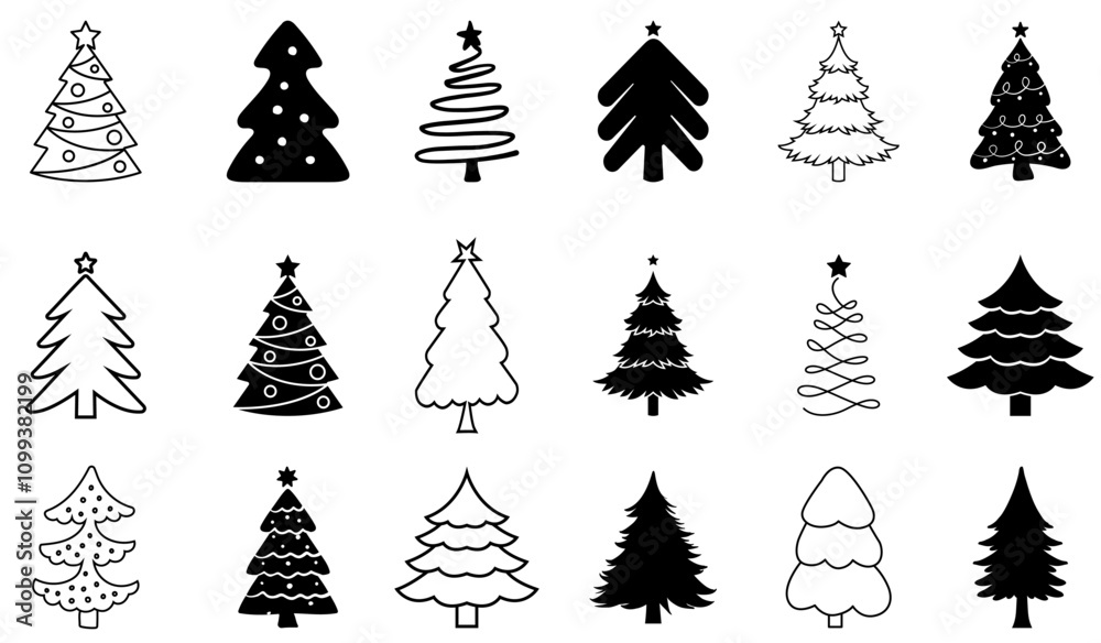 Obraz premium Black and White Christmas Tree Silhouette Vector Set with Festive Lights