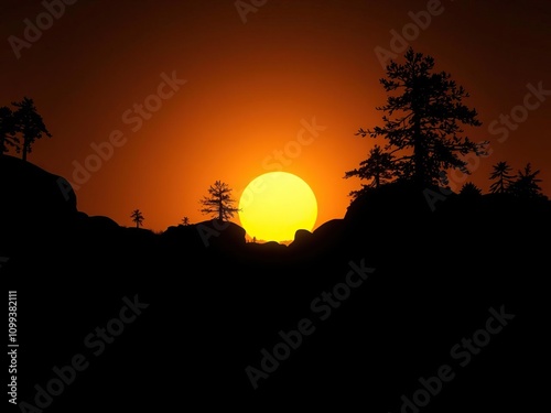 Dark landscape with black rocks and trees silhouetted against a bright yellow sunset, nighttime scene, rocky terrain, silhouetted trees photo