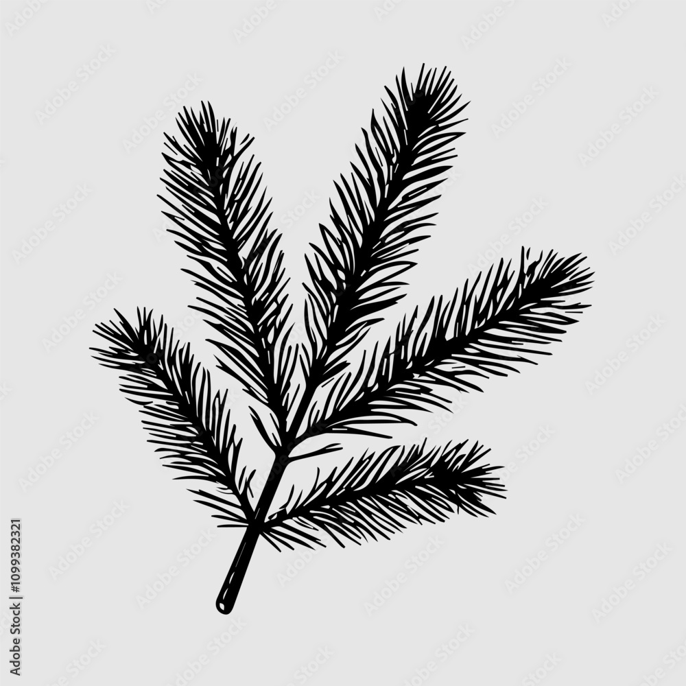 Naklejka premium Happy New Year, Merry Christmas. Black and white fir tree with snowflake, toys. Material for designer. Cartoon style. Isolated object. Vector illustration