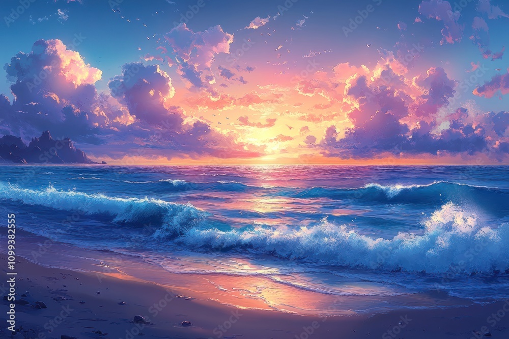 Fototapeta premium A beautiful sunset over the ocean with clouds in the sky and waves crashing on the beach.