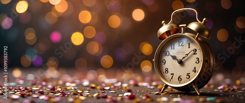 Vintage alarm clock on christmas festive background, new year's eve concept. Put them on the of picture, space for text photo