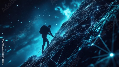 Climber scaling a futuristic digital mountain with glowing blue gridlines.