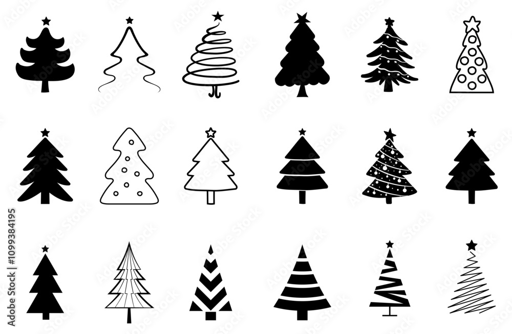 Obraz premium Black and White Christmas Tree Silhouette Vector Set with Festive Lights