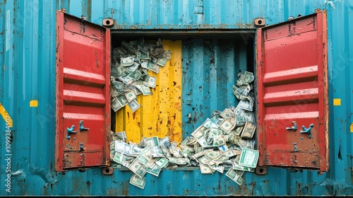 Abundant Cash Overflowing from Shipping Container Window photo