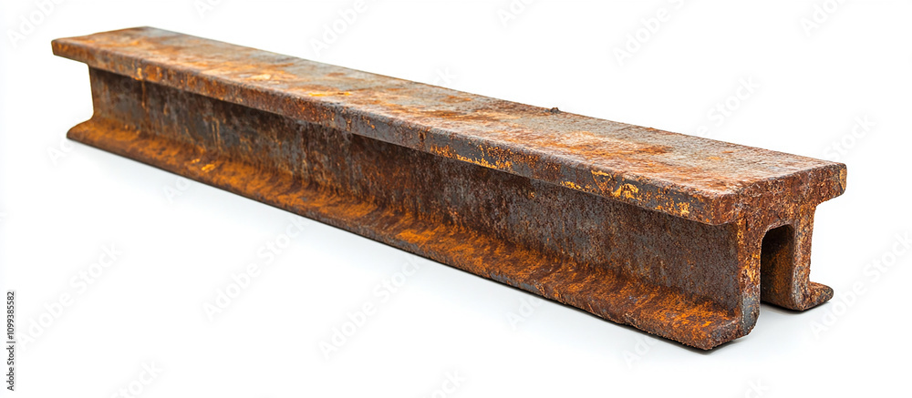 Fototapeta premium A steel beam, rusty and old with visible rust on the surface. The bar is solidly made from iron or steel. Isolated on a white background