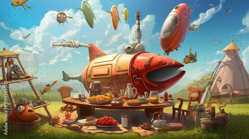 A cartoon missile is seen enjoying a peaceful picnic in the great outdoors surrounded by other quirky weapon themed characters  The scene presents a lighthearted photo