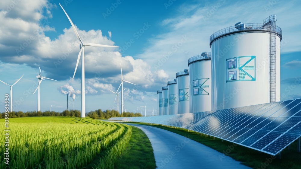 Fototapeta premium aerial view of a hydrogen storage tanks in an industrial plant. and several wind turbines. 