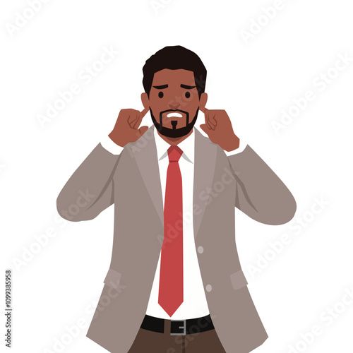 Young man covering ears and silence concept.  Flat vector illustration isolated on white background