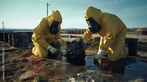 Trained workers in protective gear safely handling and disposing of hazardous radioactive materials in lead containers at a specialized industrial facility photo