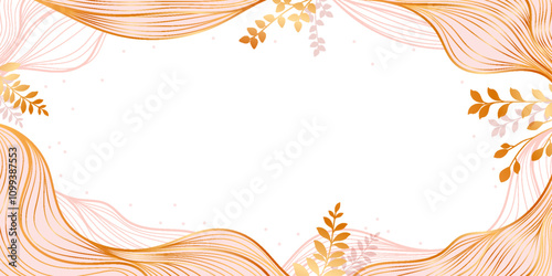 Abstract Luxury Background with Gold Line Waves and Foliage. Hand drawn Japanese banner with golden sea waves with plants and leaves. Wedding card