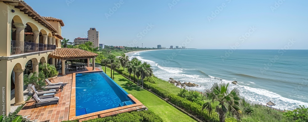 Fototapeta premium Stunning Coastal Real Estate with Infinity Pool Overlooking Ocean and Modern Architecture