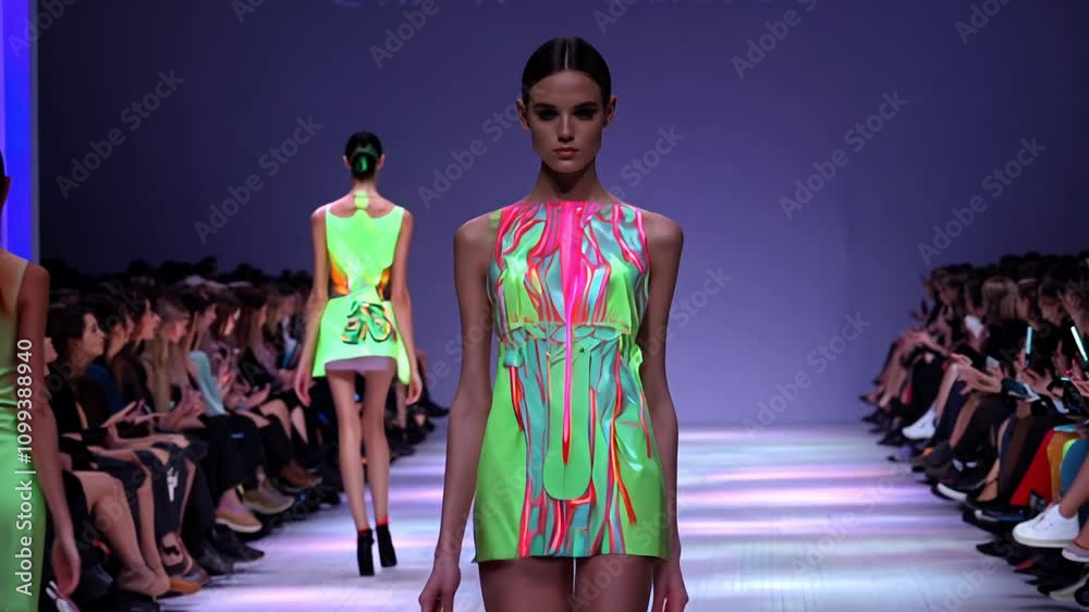 colorful neon lights reflect off models in neon outfits on a fashion runway with slow tracking video