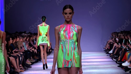 colorful neon lights reflect off models in neon outfits on a fashion runway with slow tracking video