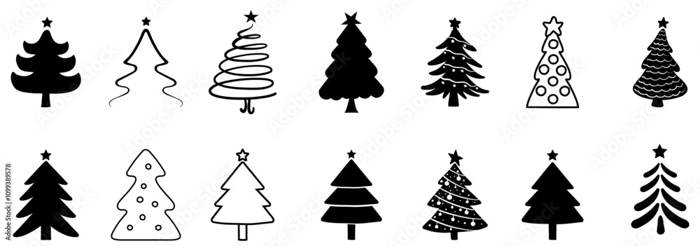 Fototapeta premium Black and White Christmas Tree Silhouette Vector Set with Festive Lights