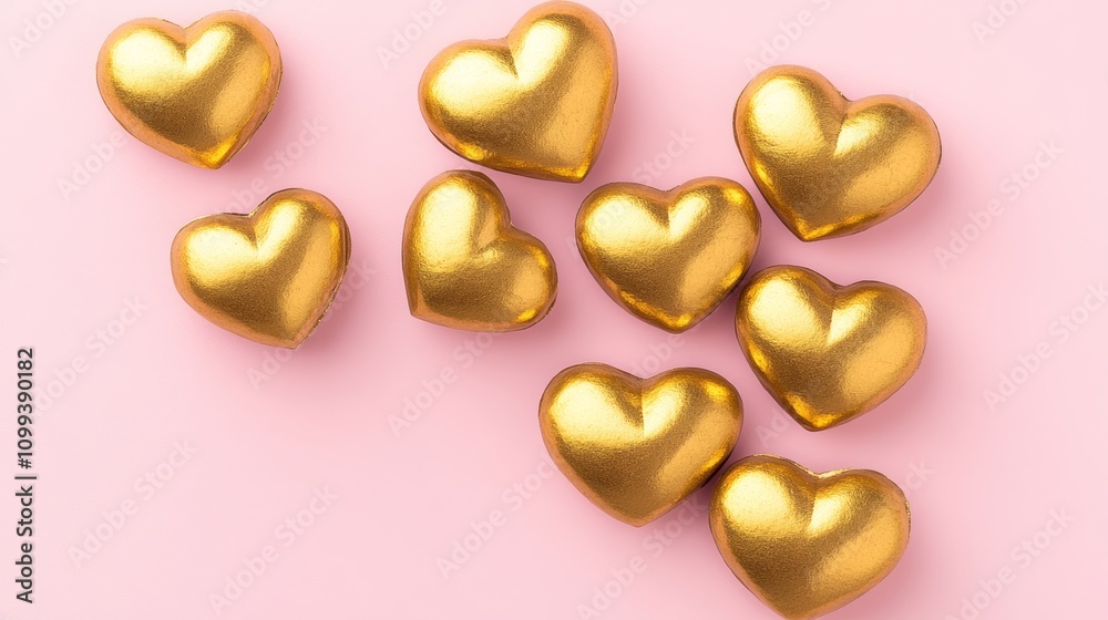Fototapeta premium Row of gold hearts are arranged on a pink background. The hearts are all different sizes and are placed in a way that creates a sense of harmony and balance