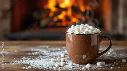 d hot chocolate near fireplace photo