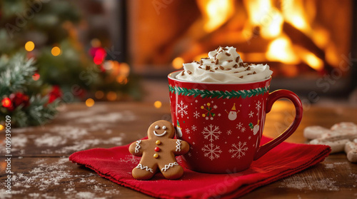 Hot chocolate with whipped cream and gingerbread cookie by fireplace, festive Christmas scene, stock photo photo