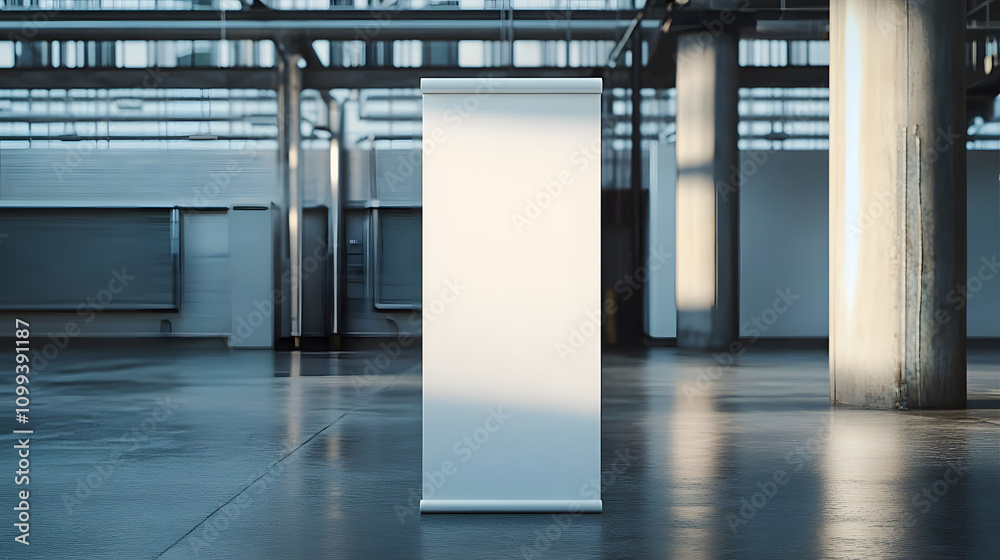 Fototapeta premium Blank Roll Up Banner Mockup in Industrial Setting - A white roll up banner mockup standing in an industrial setting, showcasing a blank canvas for advertising and branding. It symbolizes professionali