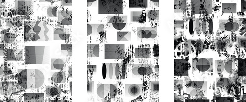 Set of glitch distorted grunge overlay textures. Collection of overlaying textures with halftone dots, scratches and lines .Screen print vector layers pack. Overlays with grunge textured surface