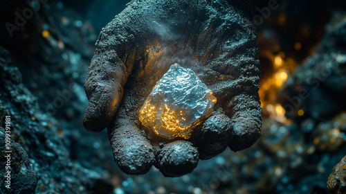 The Hands of Creation: A close-up image of a hand, rough and weathered from labor, cradles a glowing diamond, a symbol of the value and beauty born from raw materials. photo